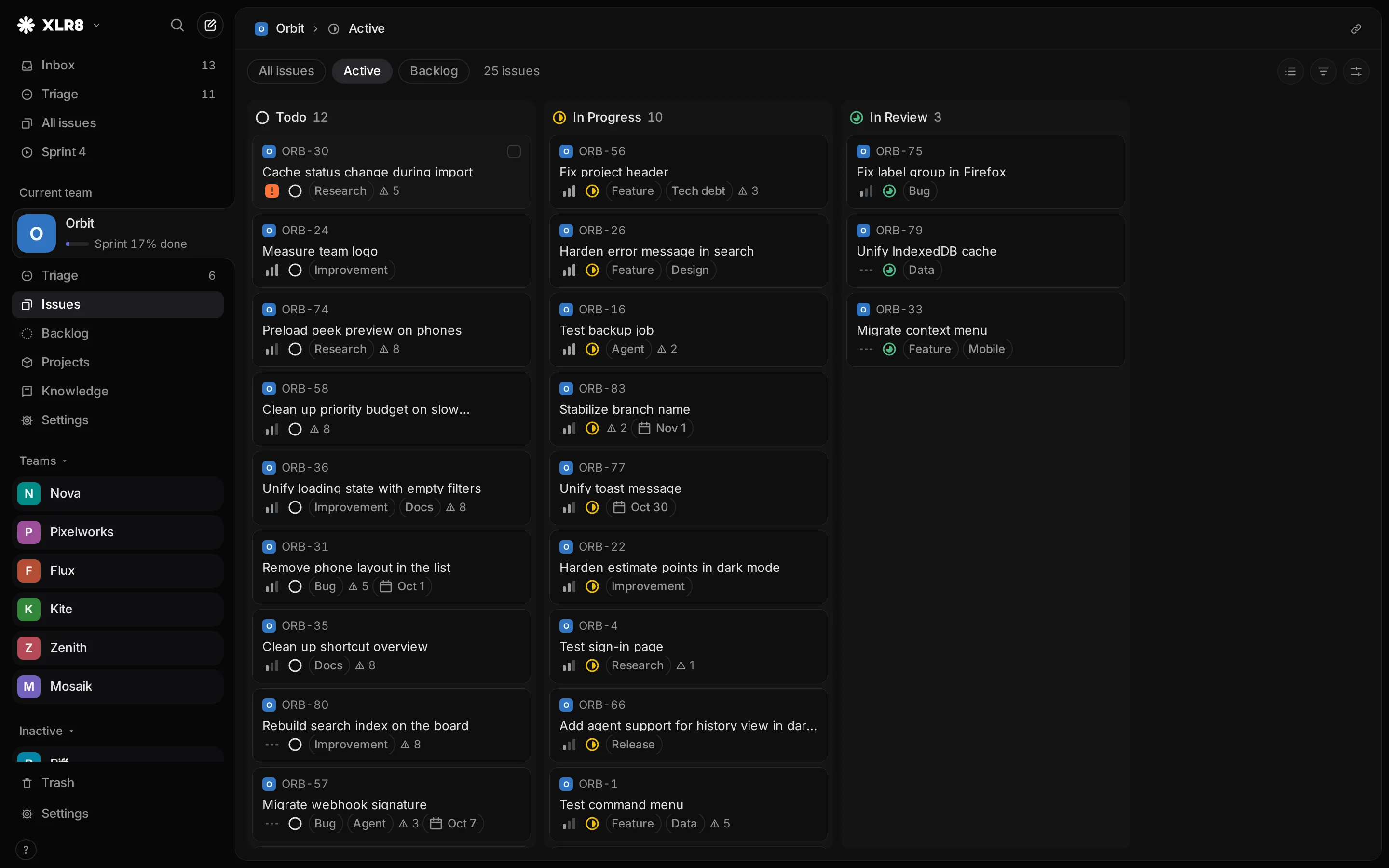 The Active view as a board, with columns Todo, In Progress and In Review and issue cards in each