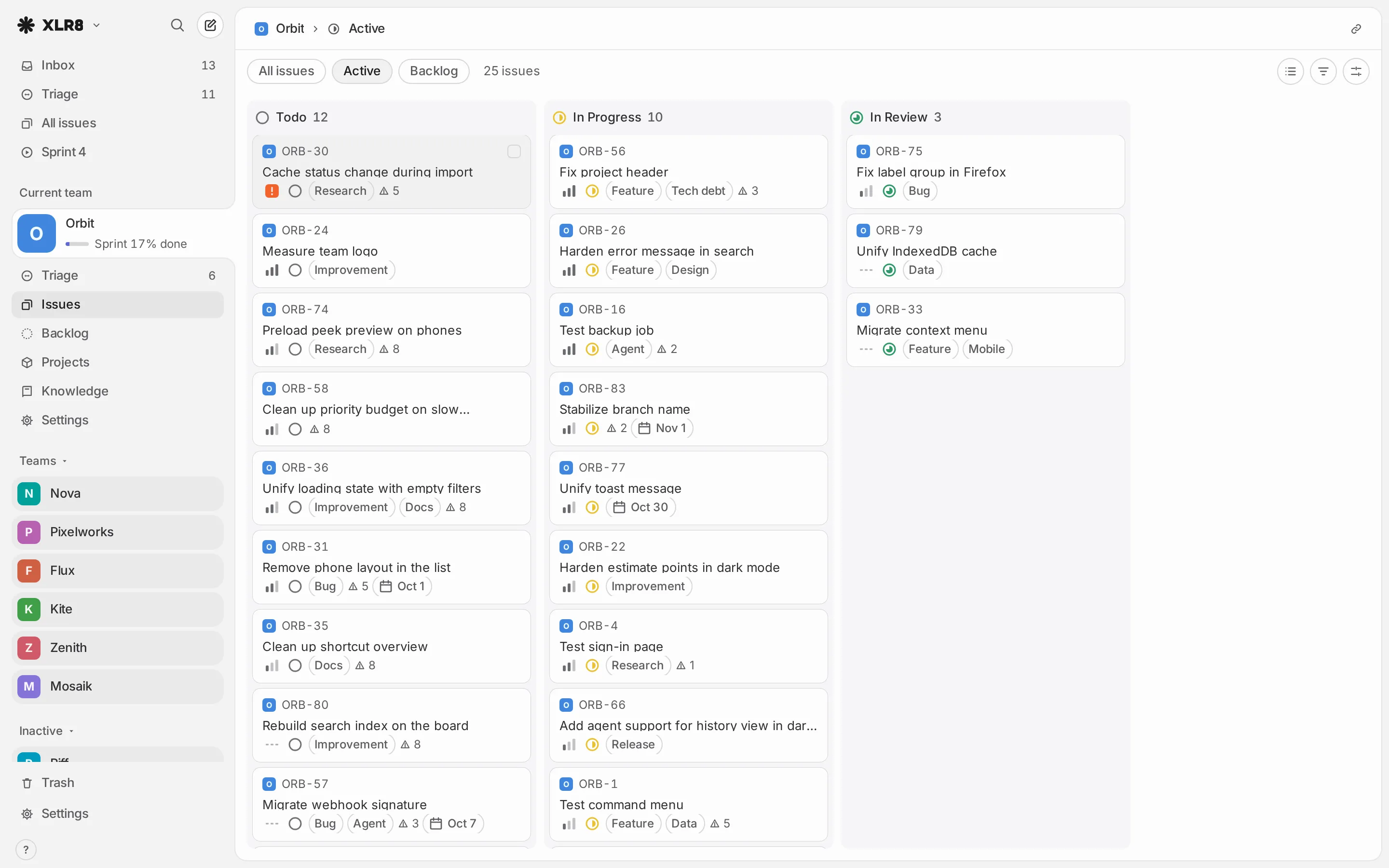 The Active view as a board, with columns Todo, In Progress and In Review and issue cards in each