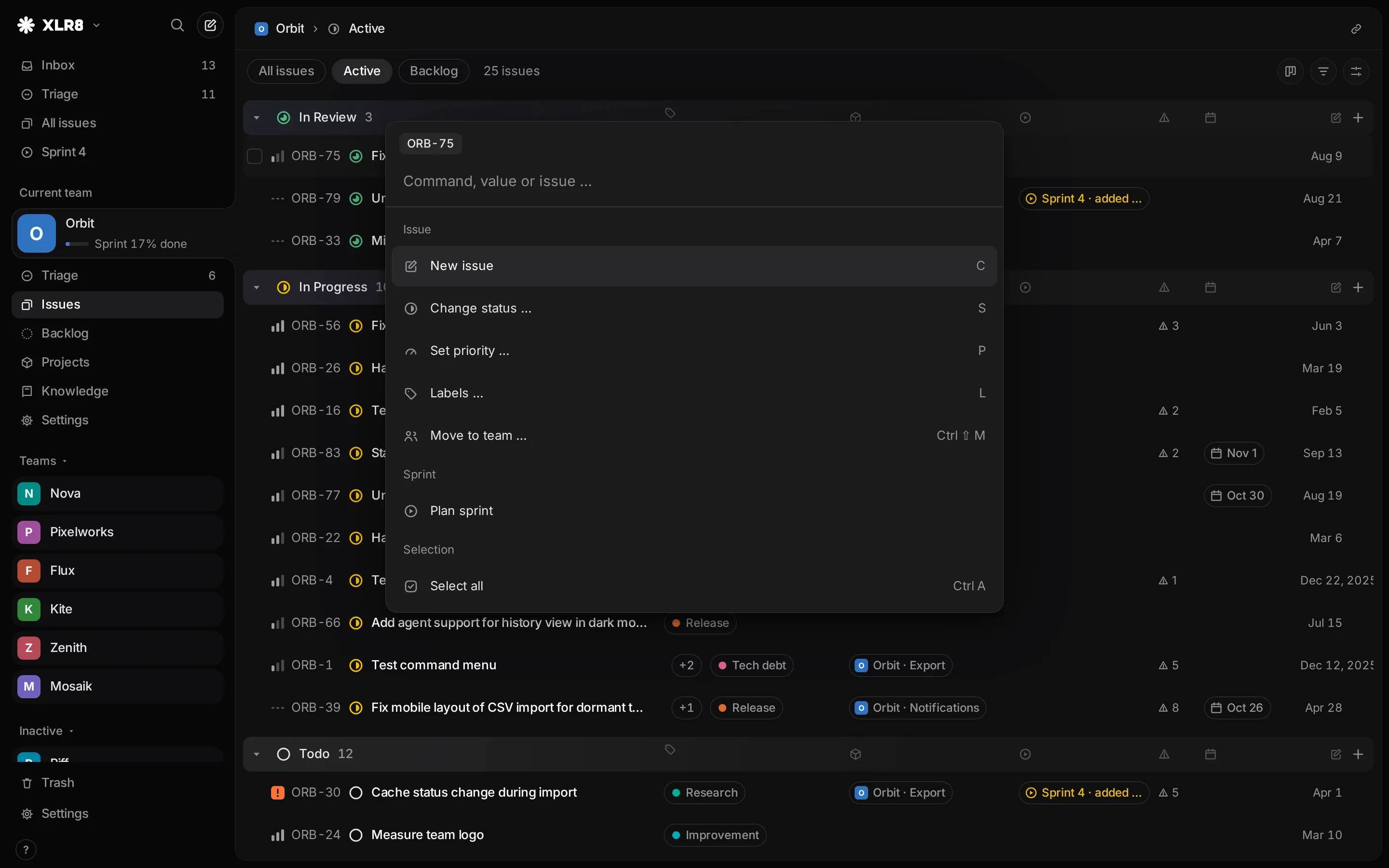 The command menu open over an issue list, with actions grouped by section and their shortcuts on the right