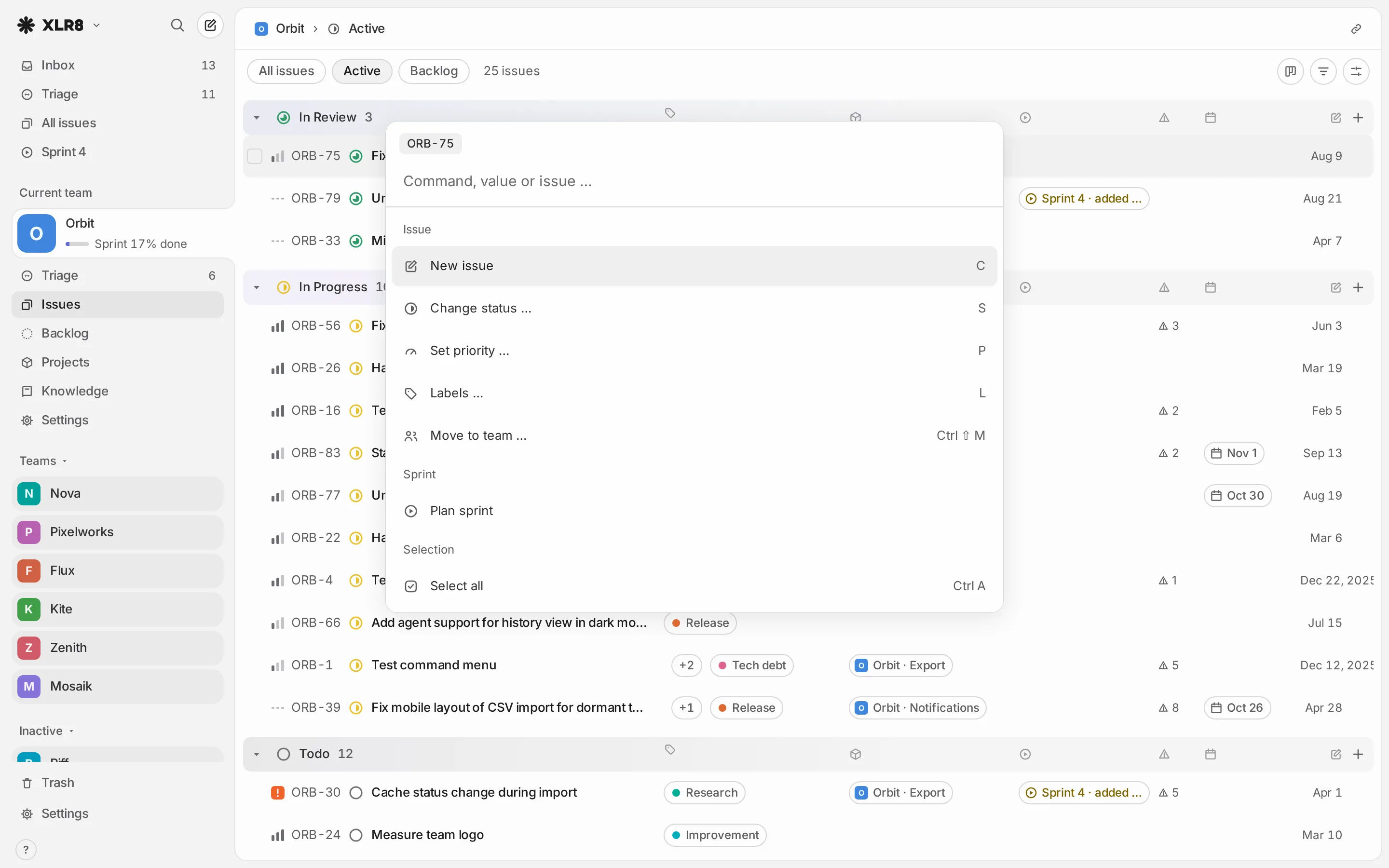 The command menu open over an issue list, with actions grouped by section and their shortcuts on the right