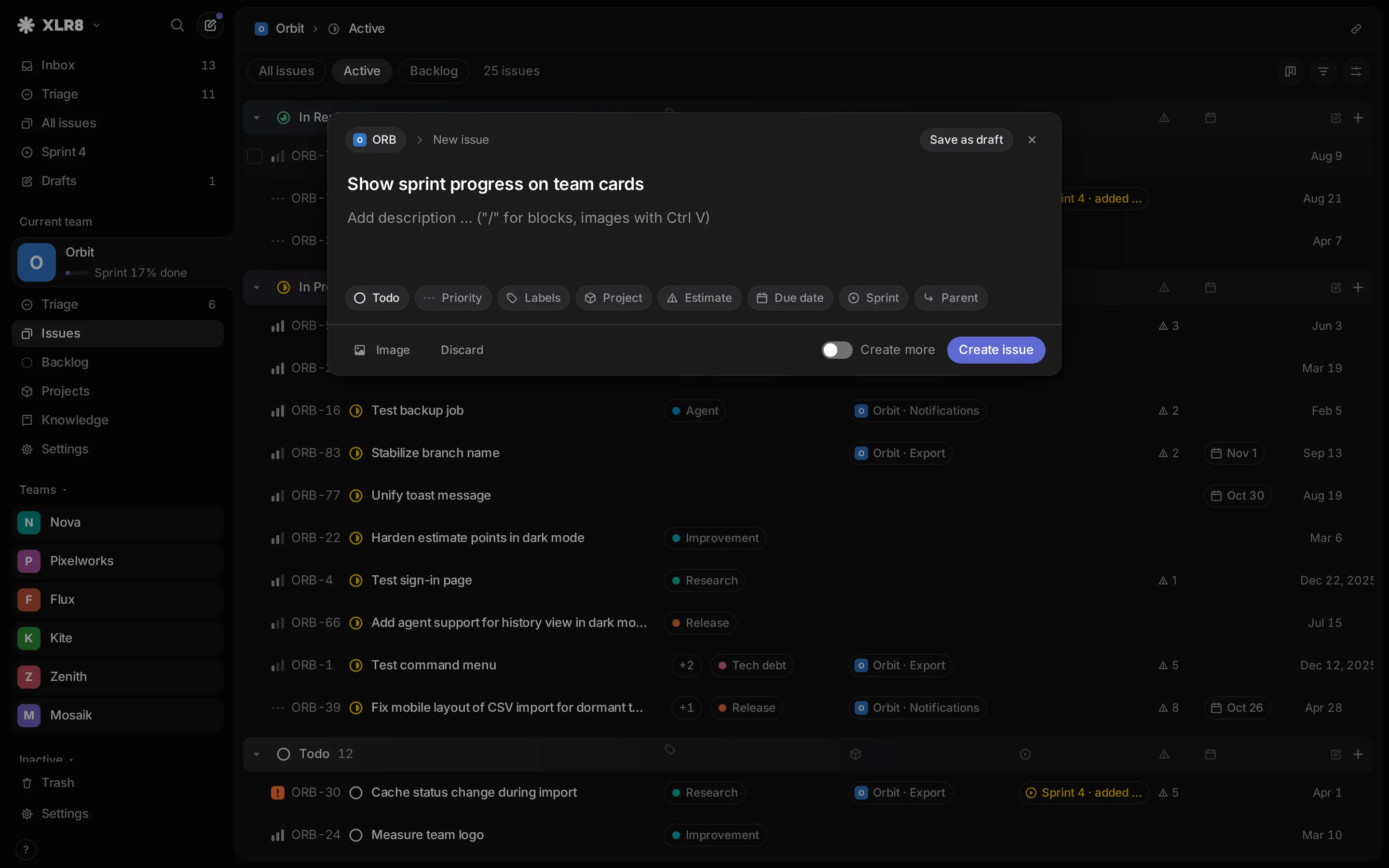 The create dialog with a title, a description and property chips for status, priority, labels and more