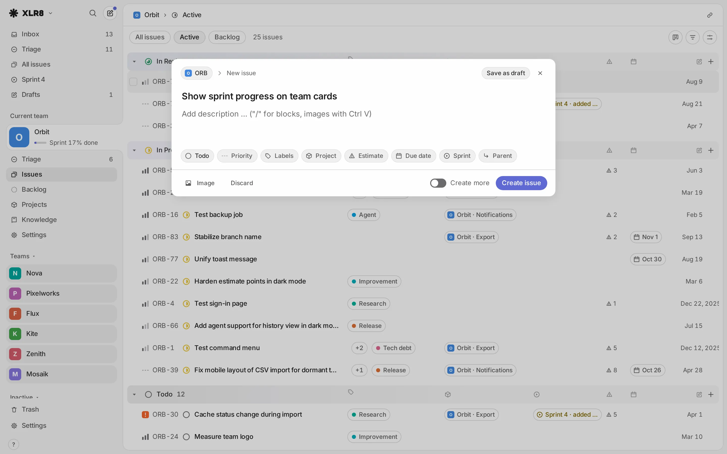 The create dialog with a title, a description and property chips for status, priority, labels and more