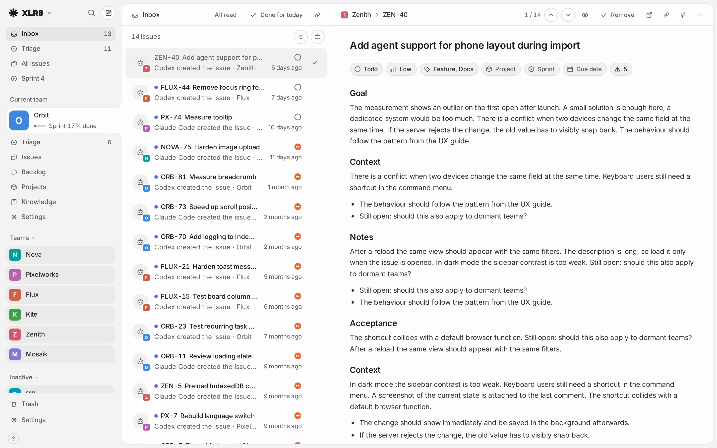 The Inbox listing issues created by agents, with unread entries marked by a dot