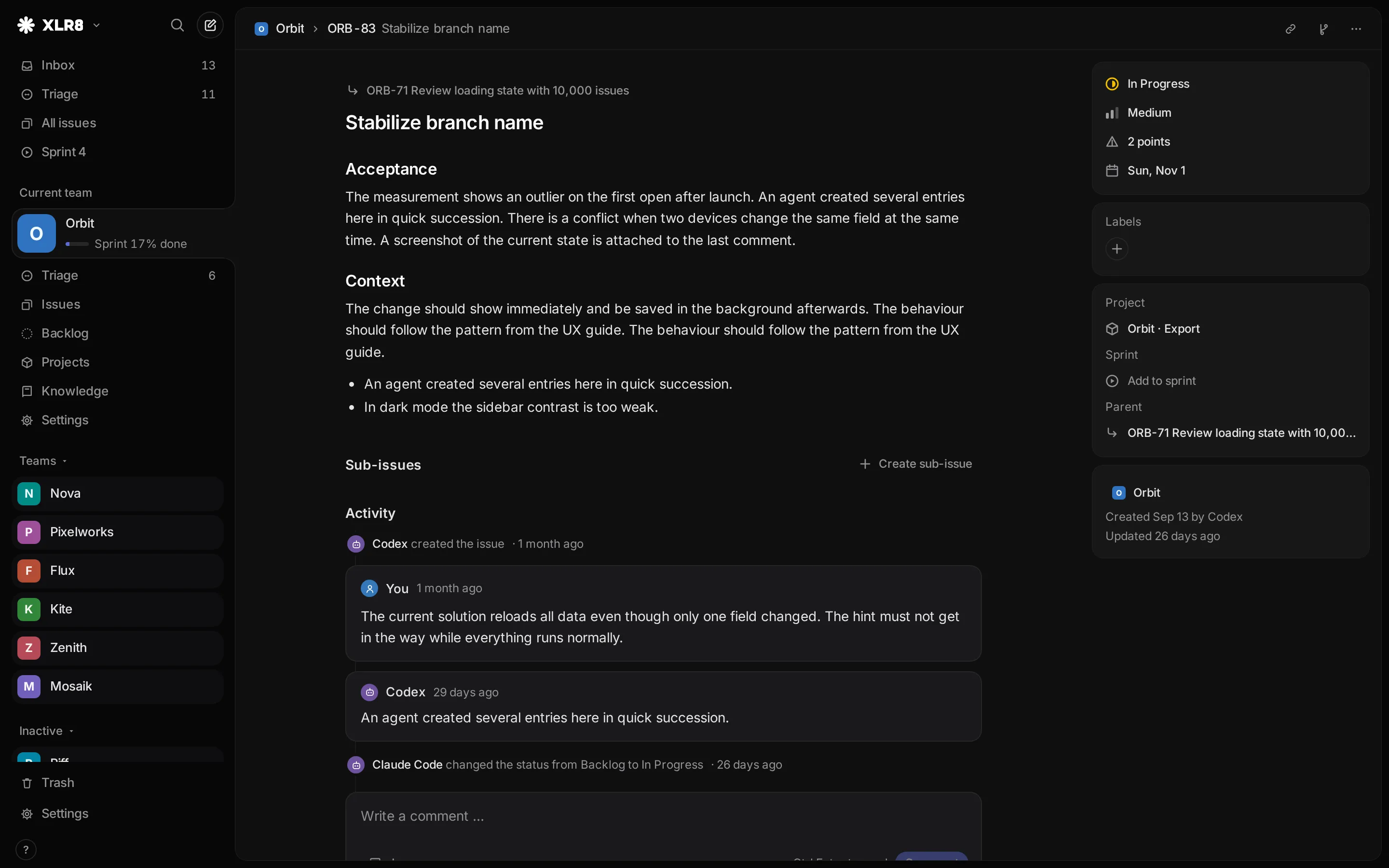 An issue page: parent issue, title and Markdown description, sub-issues and an activity timeline with comments from you and an agent; on the right, status, priority, estimate, due date, labels, project, sprint and parent