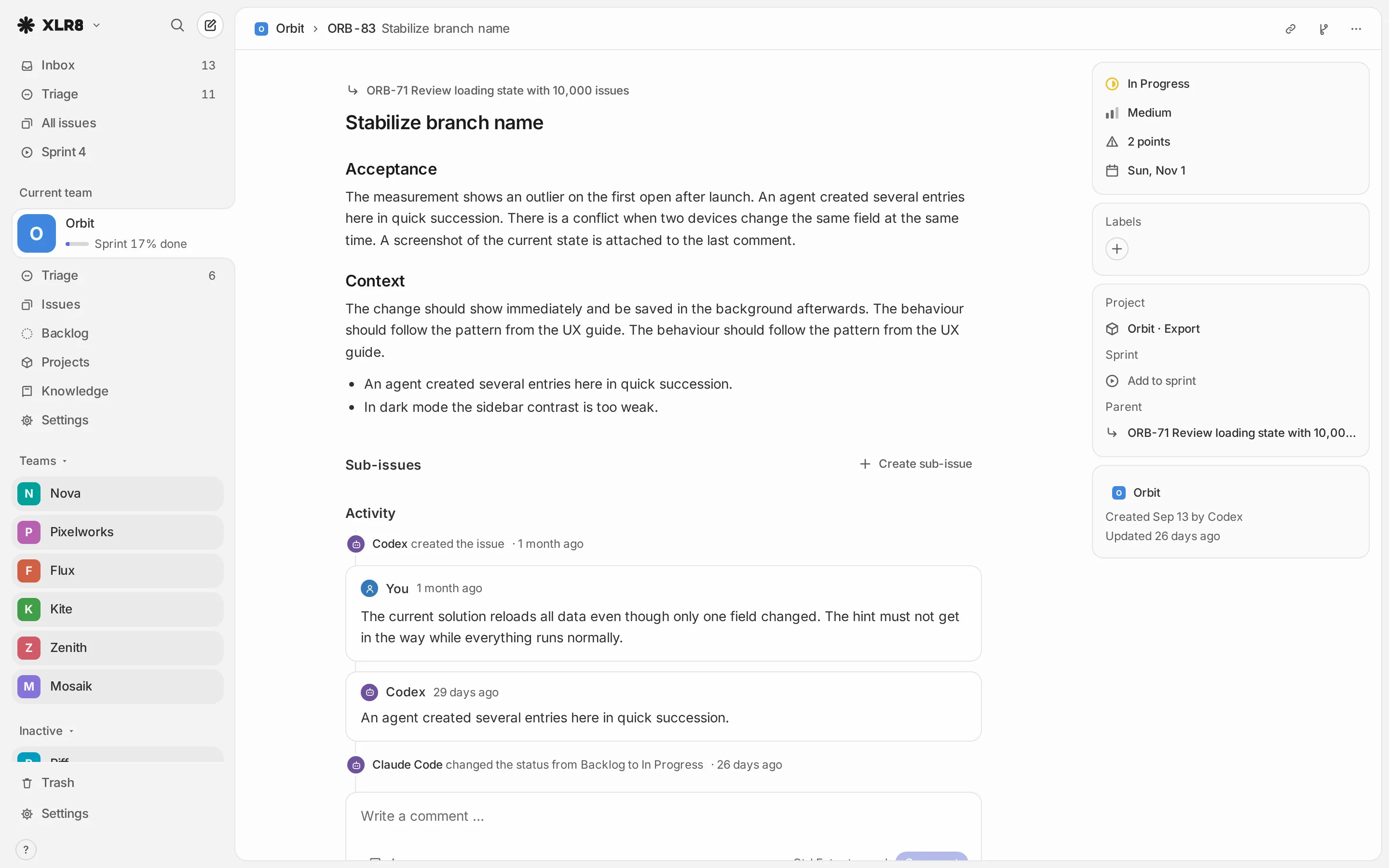 An issue page: parent issue, title and Markdown description, sub-issues and an activity timeline with comments from you and an agent; on the right, status, priority, estimate, due date, labels, project, sprint and parent