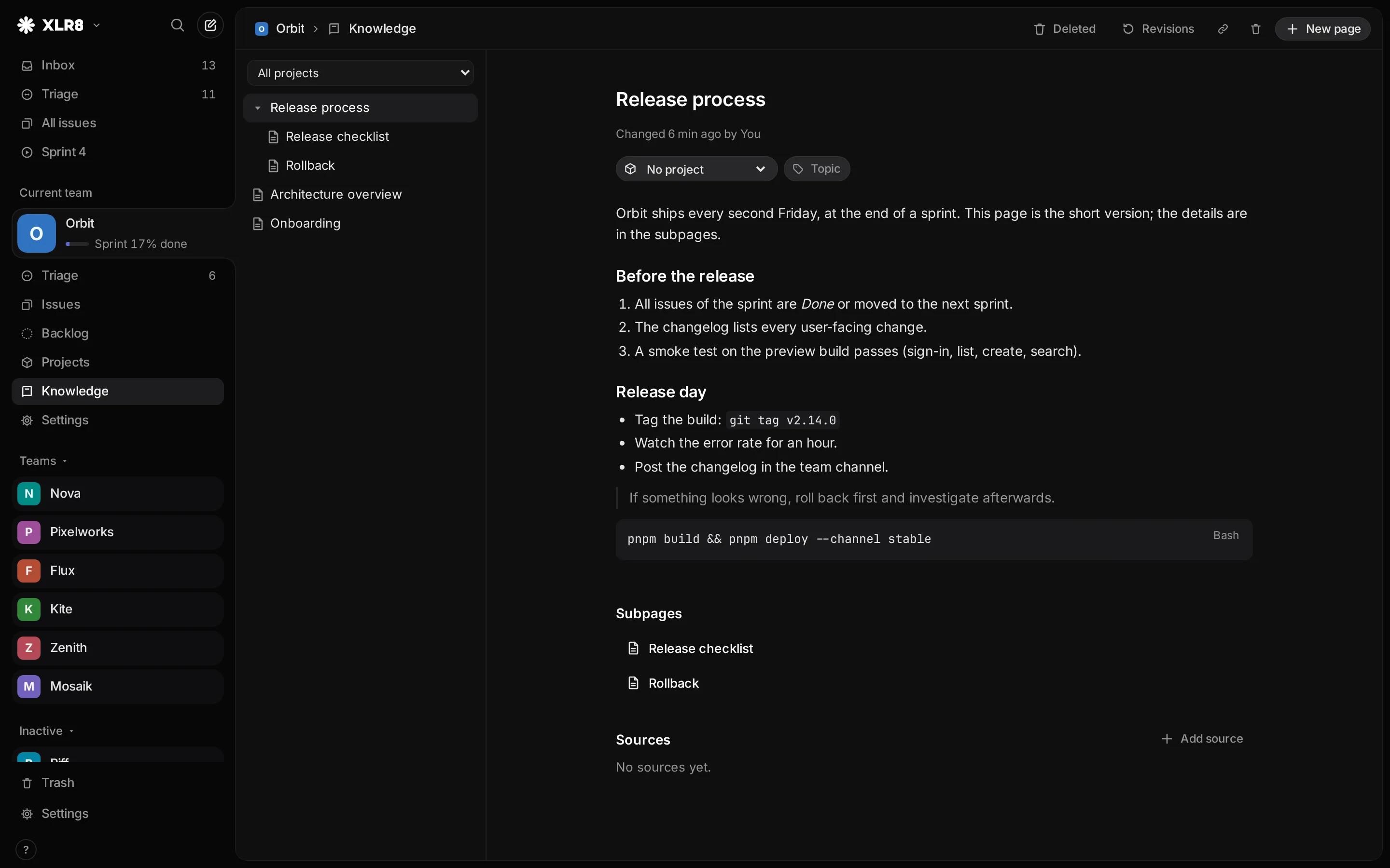 A team's knowledge area: the page tree on the left, a page with title, topics, text and sources on the right