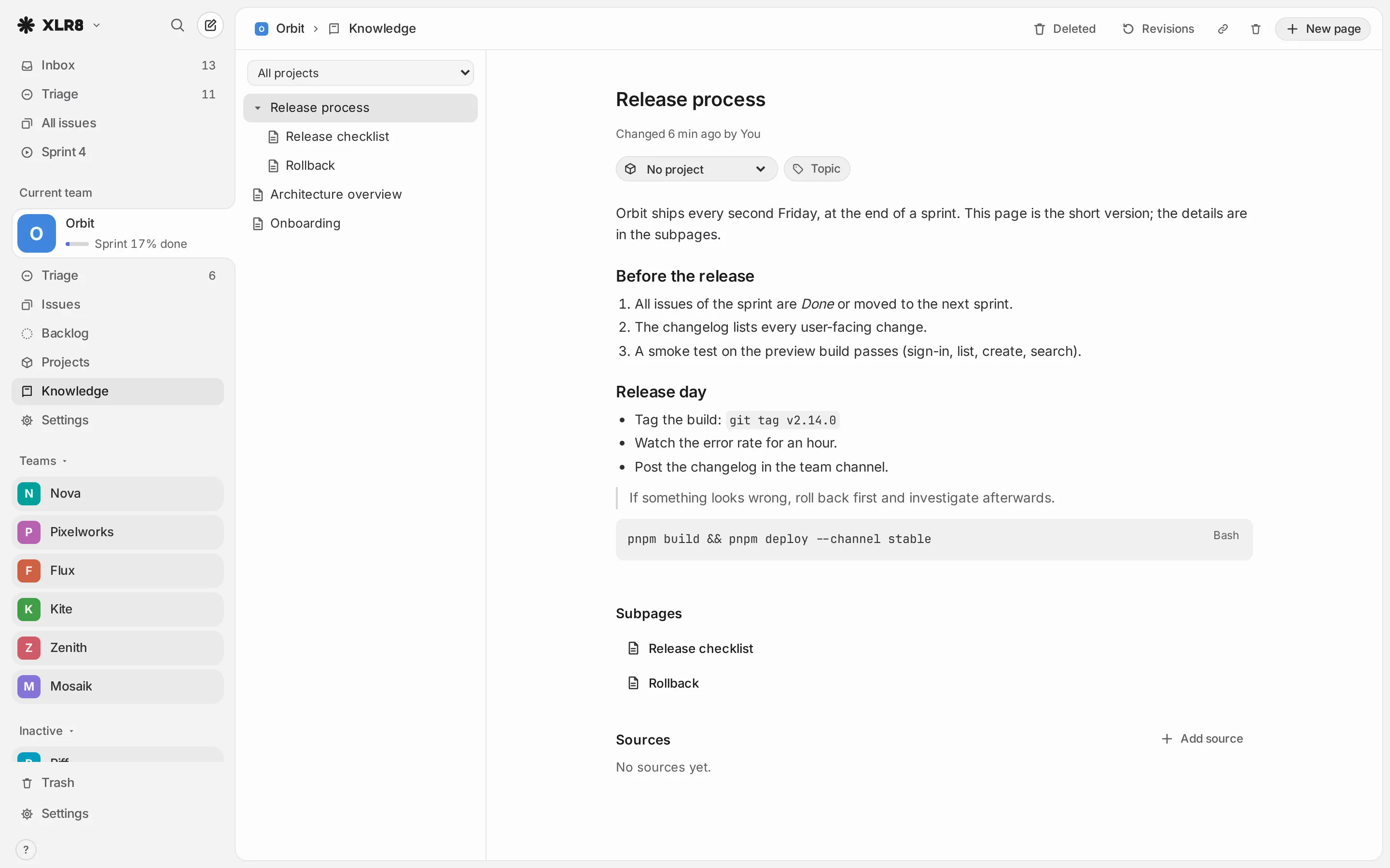 A team's knowledge area: the page tree on the left, a page with title, topics, text and sources on the right