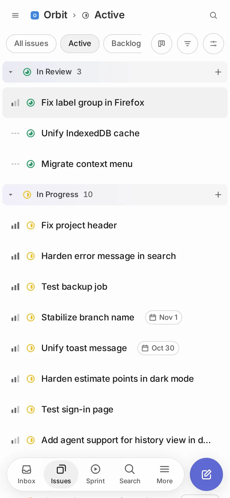 XLR8 on a phone: an issue list with the navigation bar at the bottom and a round button to create an issue