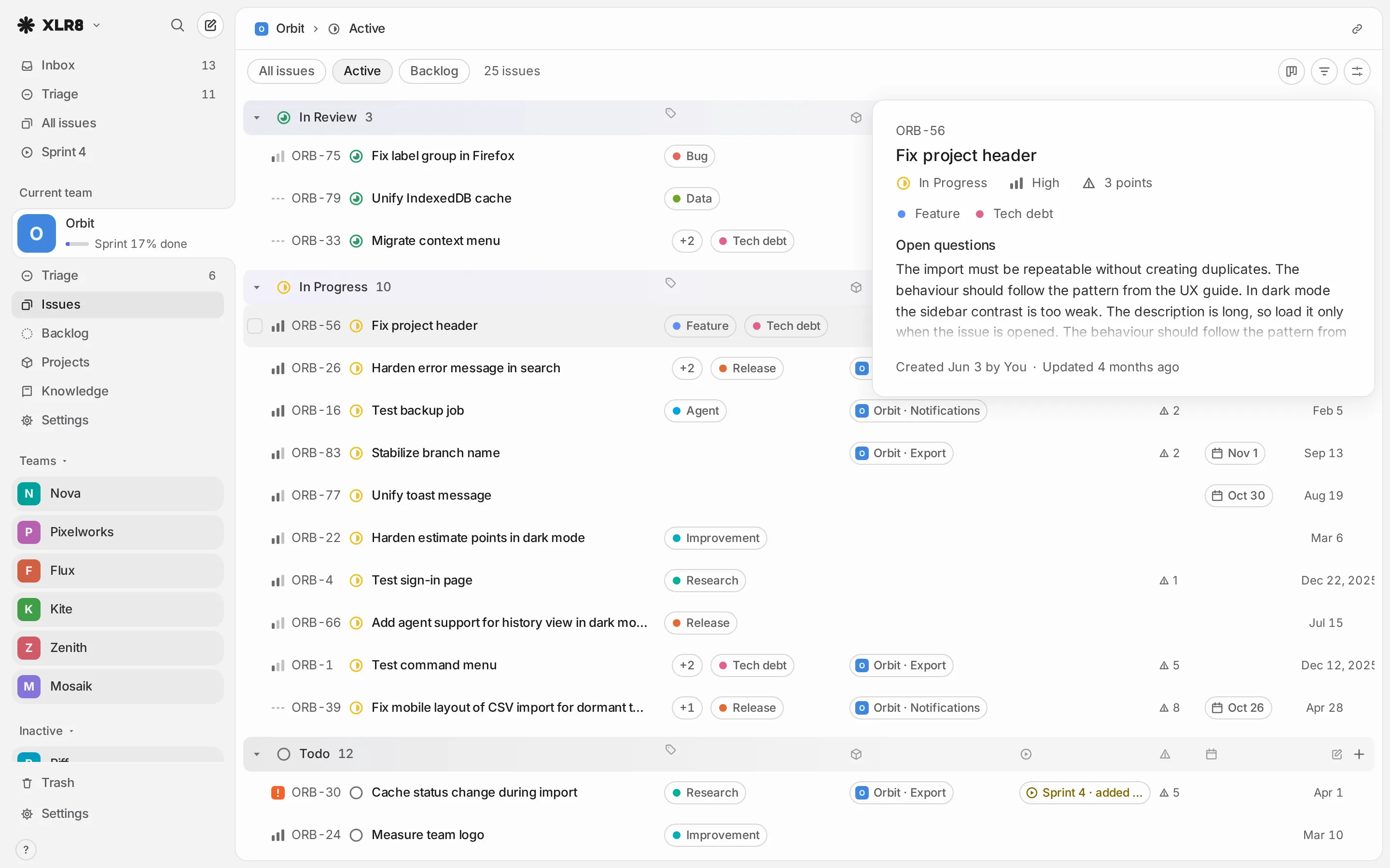 An issue list with the peek card open at the top right, showing the focused issue's status, priority, estimate, labels and the start of its description