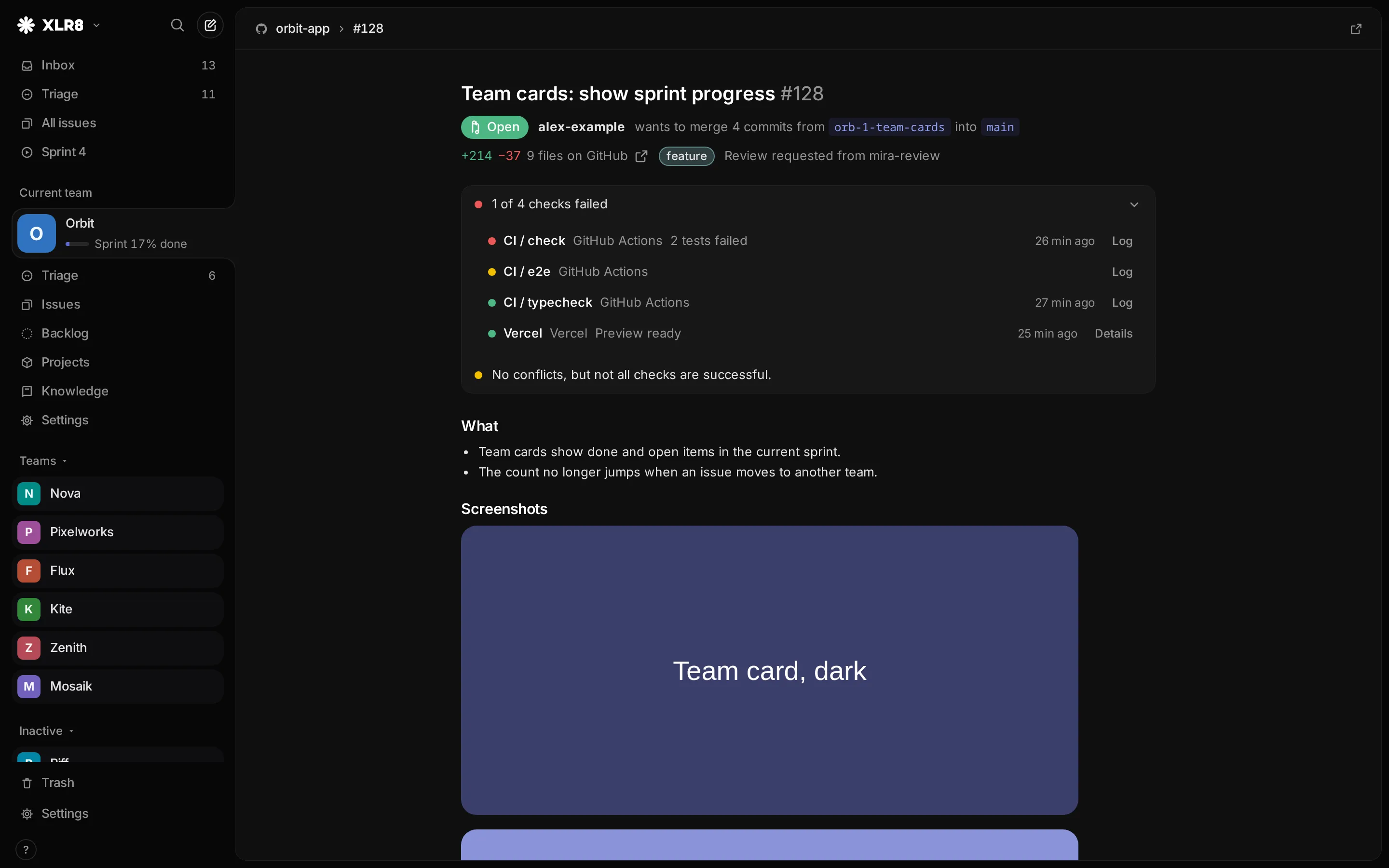 A pull request in XLR8: title, state and branches, the change size, the list of checks with one failed, the mergeability line and the description