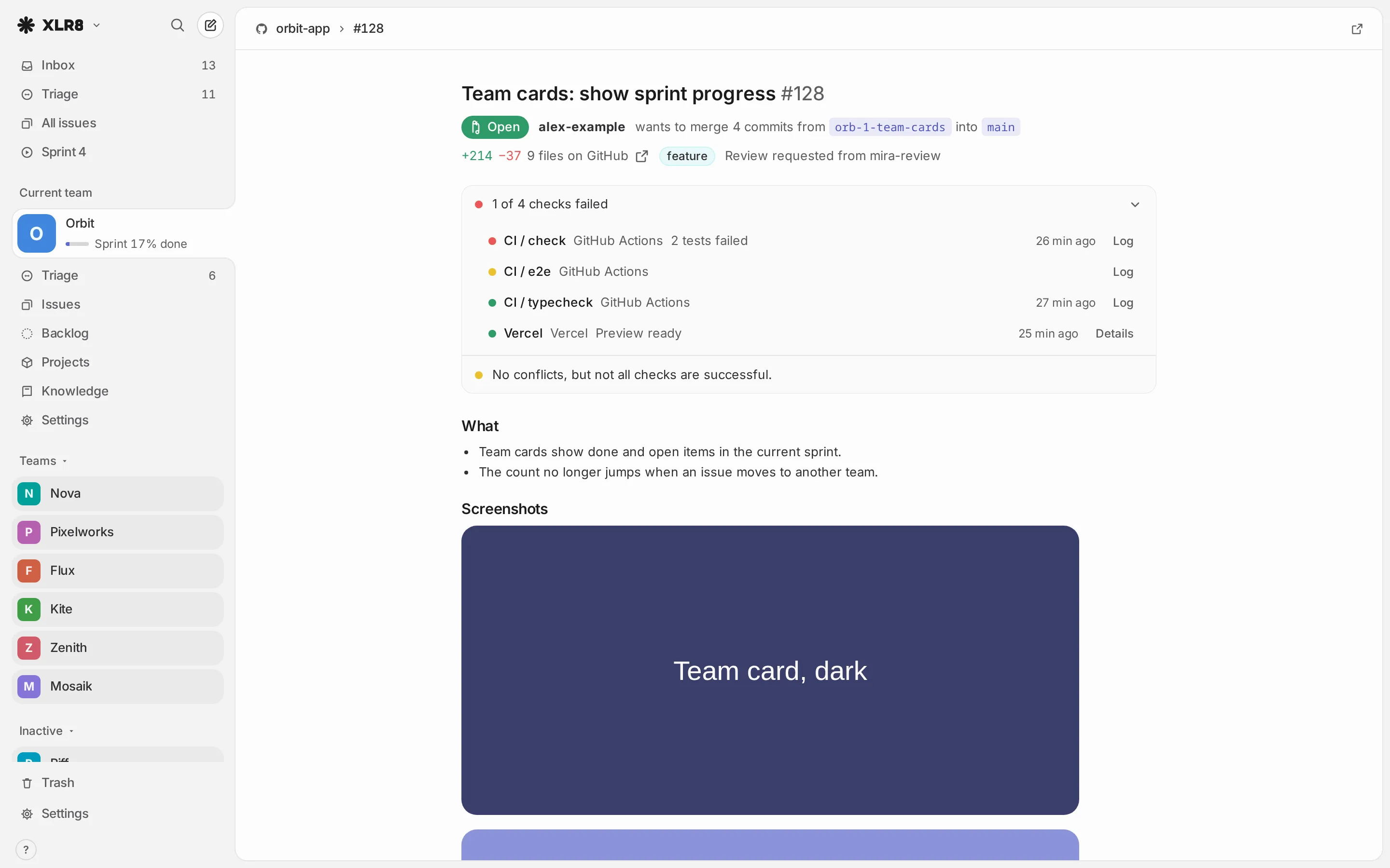 A pull request in XLR8: title, state and branches, the change size, the list of checks with one failed, the mergeability line and the description