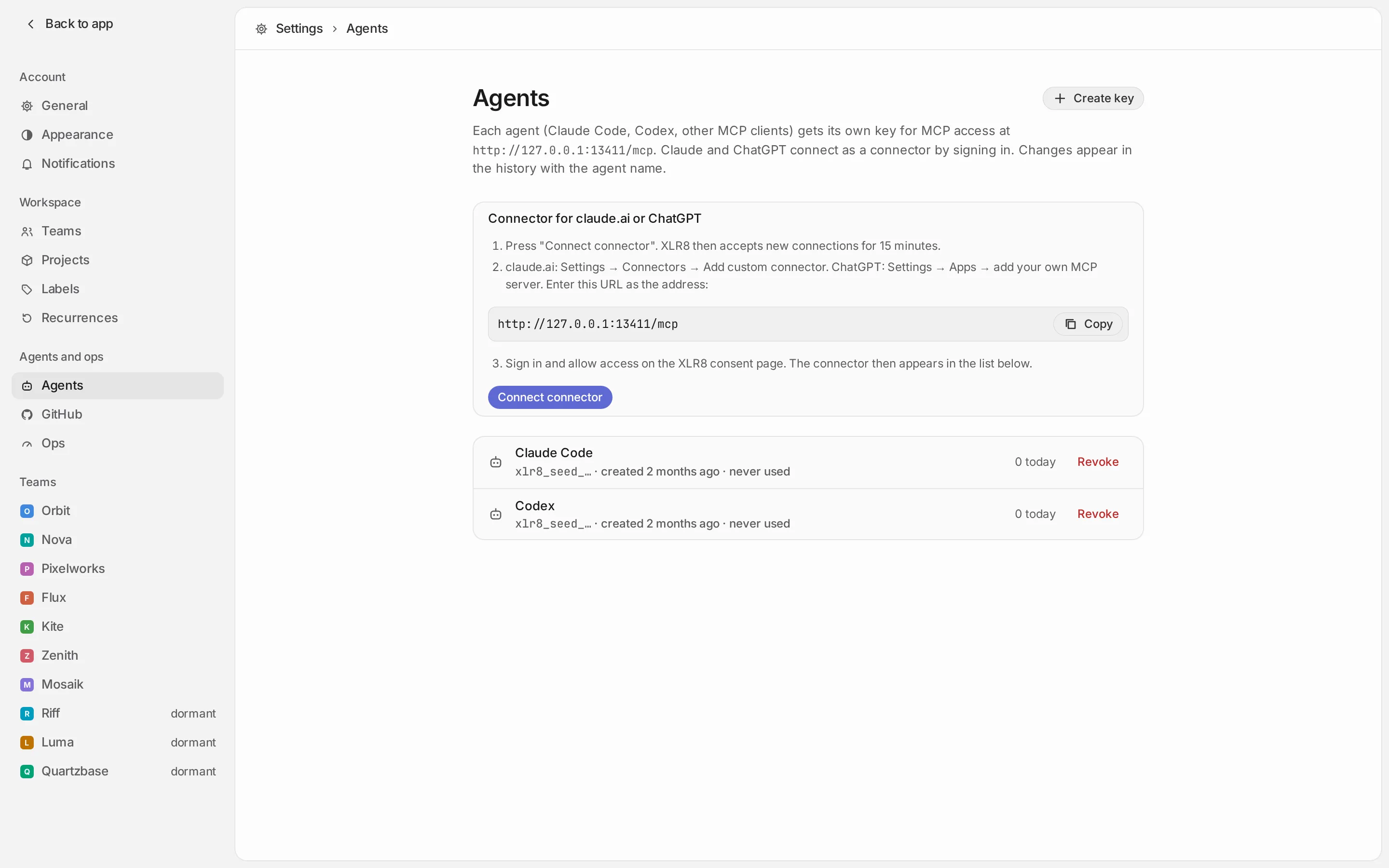 Settings → Agents with the connector card, the Create key button and a list of agents with key prefix, last use and calls today