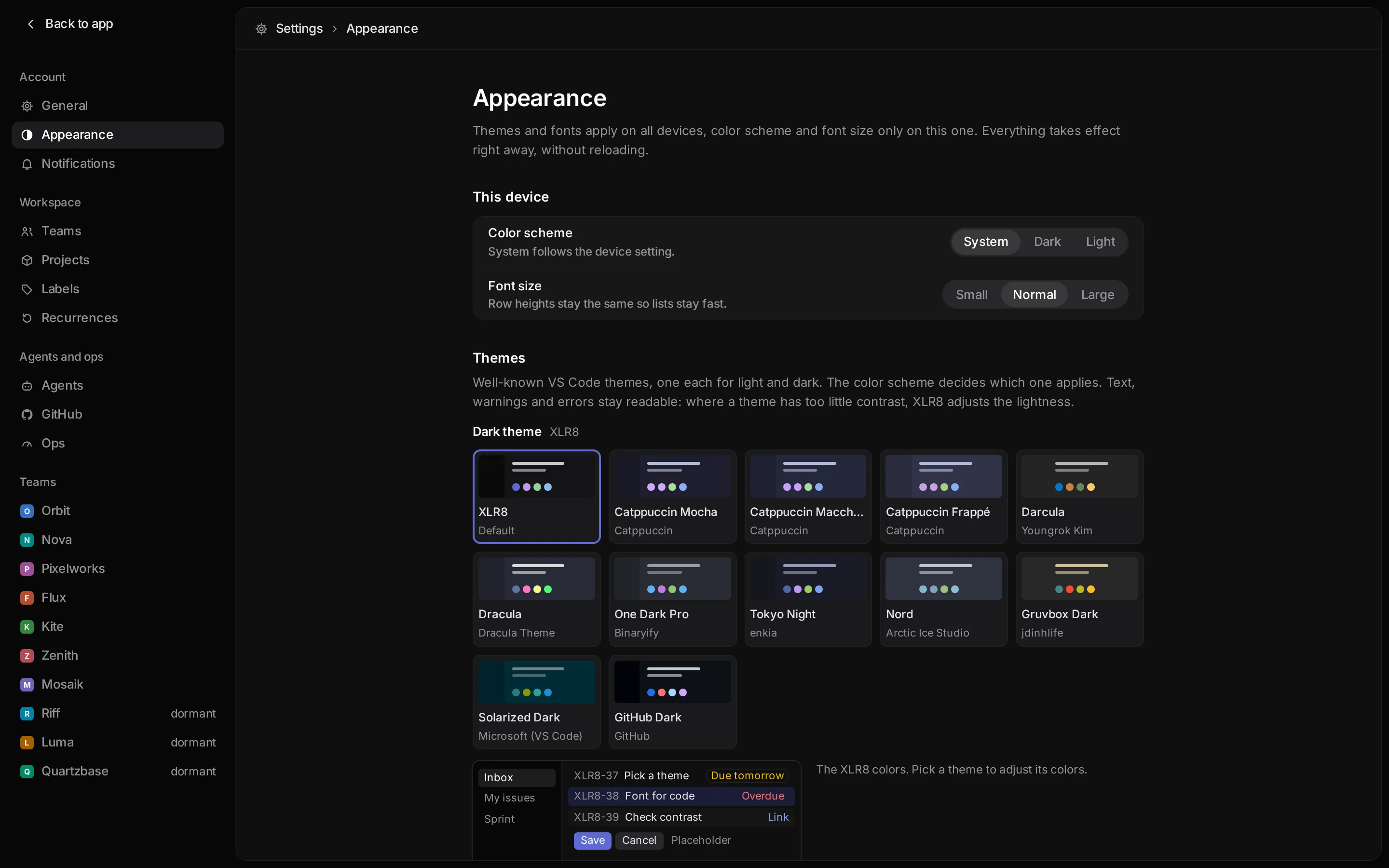 Settings, Appearance: color scheme and font size for this device, and the theme cards for the dark theme with XLR8 selected