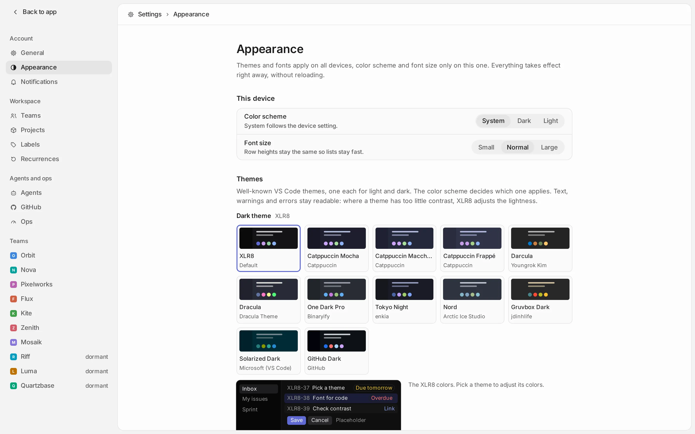 Settings, Appearance: color scheme and font size for this device, and the theme cards for the dark theme with XLR8 selected