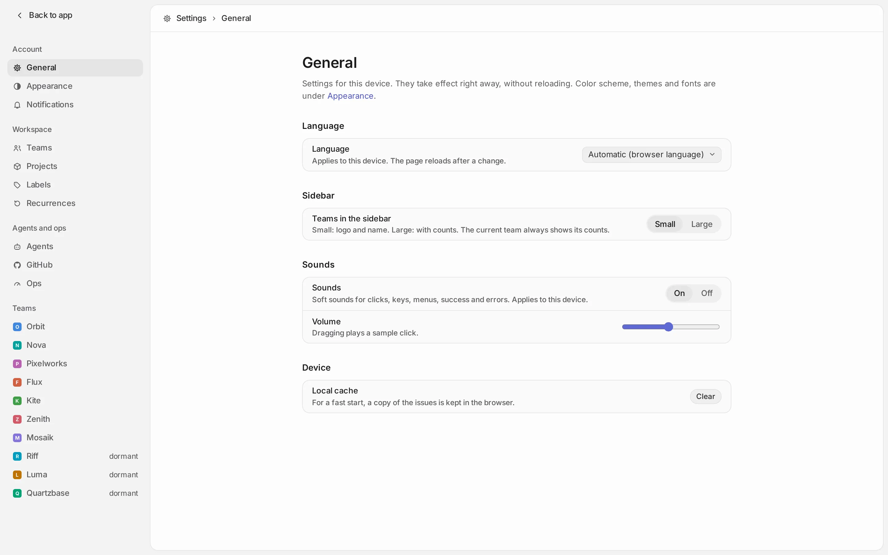 Settings, General: Language set to Automatic (browser language), with the sidebar and sound settings below