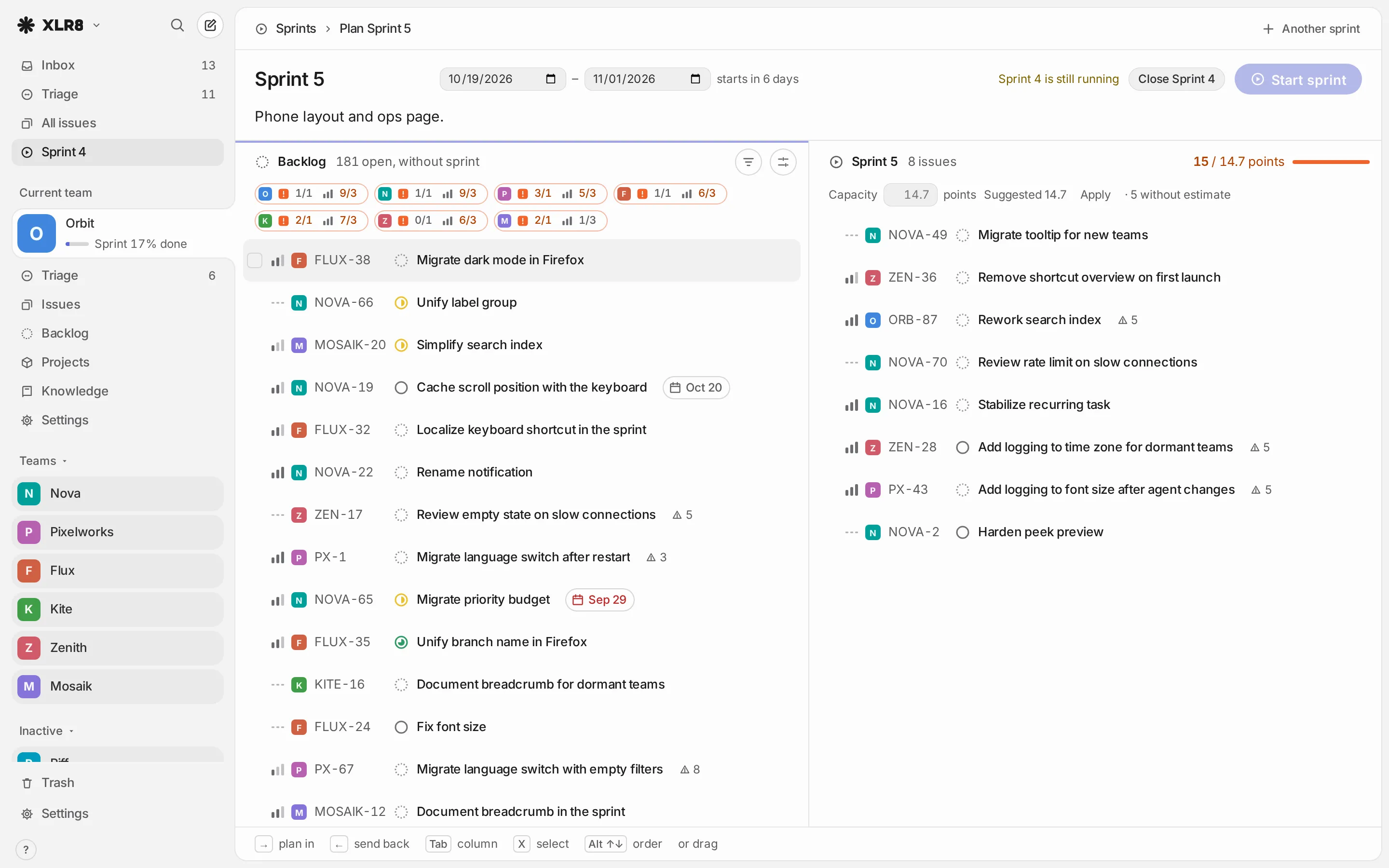 Sprint planning: the backlog of all teams on the left, the planned sprint with points and capacity on the right