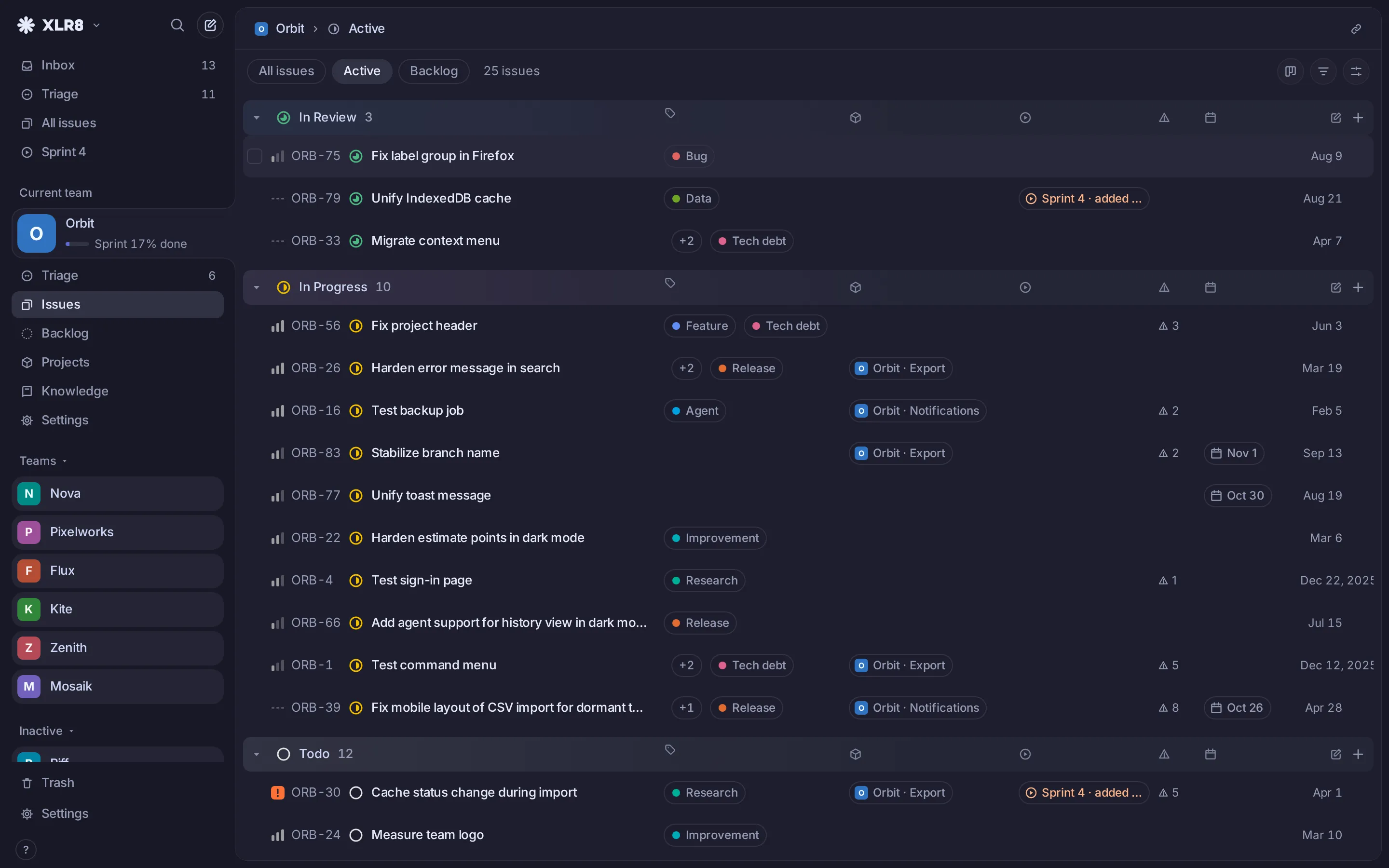An issue list in dark mode with a dark theme applied