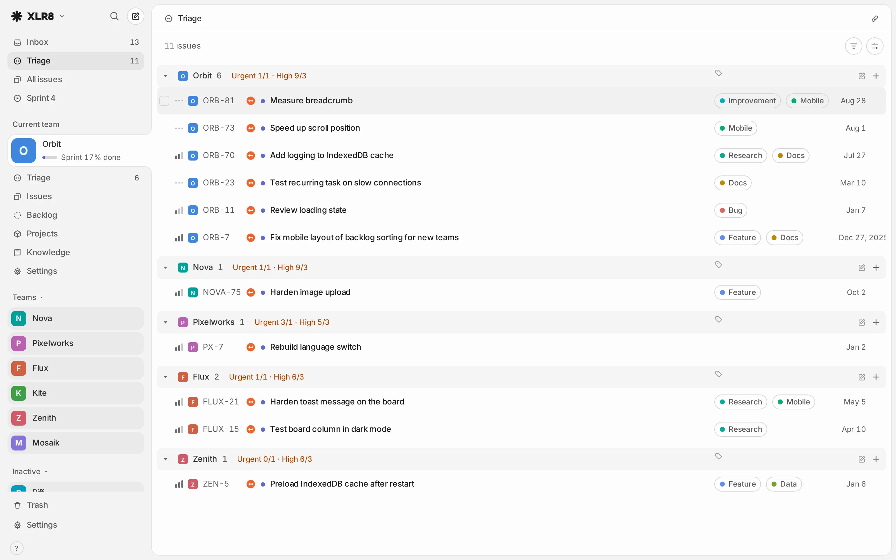 The triage view with new issues grouped by team, one of them focused